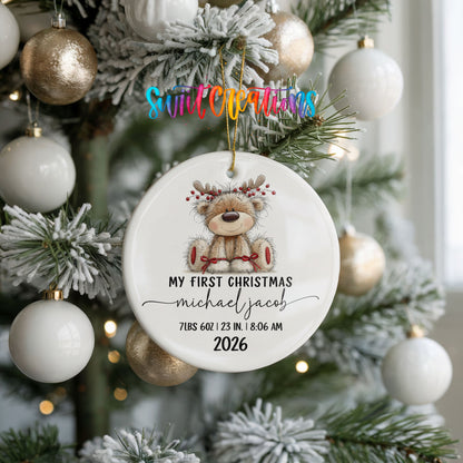 Personalized Baby’s First Christmas Ceramic Ornament | Reindeer Birth Stats Keepsake | CO004 - Swiit Creations