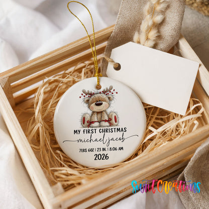 Personalized Baby’s First Christmas Ceramic Ornament | Reindeer Birth Stats Keepsake | CO004 - Swiit Creations