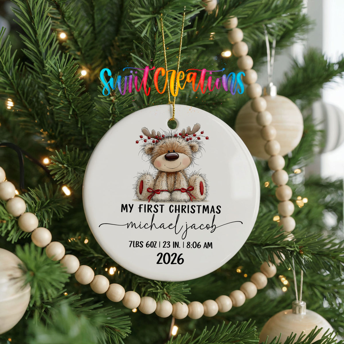 Personalized Baby’s First Christmas Ceramic Ornament | Reindeer Birth Stats Keepsake | CO004 - Swiit Creations