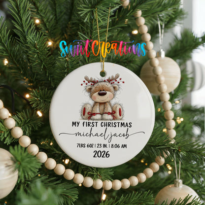 Personalized Baby’s First Christmas Ceramic Ornament | Reindeer Birth Stats Keepsake | CO004 - Swiit Creations
