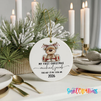Personalized Baby’s First Christmas Ceramic Ornament | Reindeer Birth Stats Keepsake | CO004 - Swiit Creations