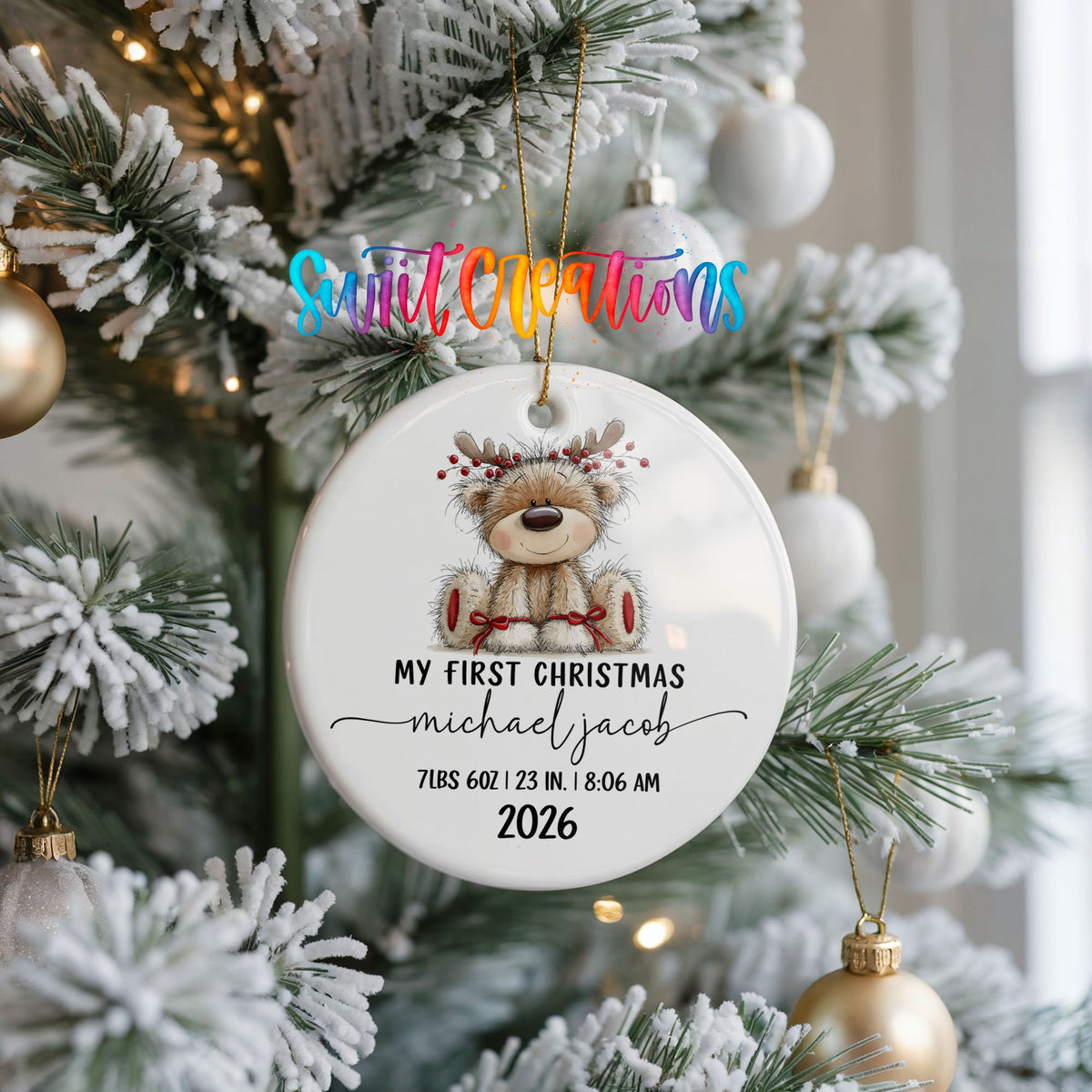 Personalized Baby’s First Christmas Ceramic Ornament | Reindeer Birth Stats Keepsake | CO004 - Swiit Creations