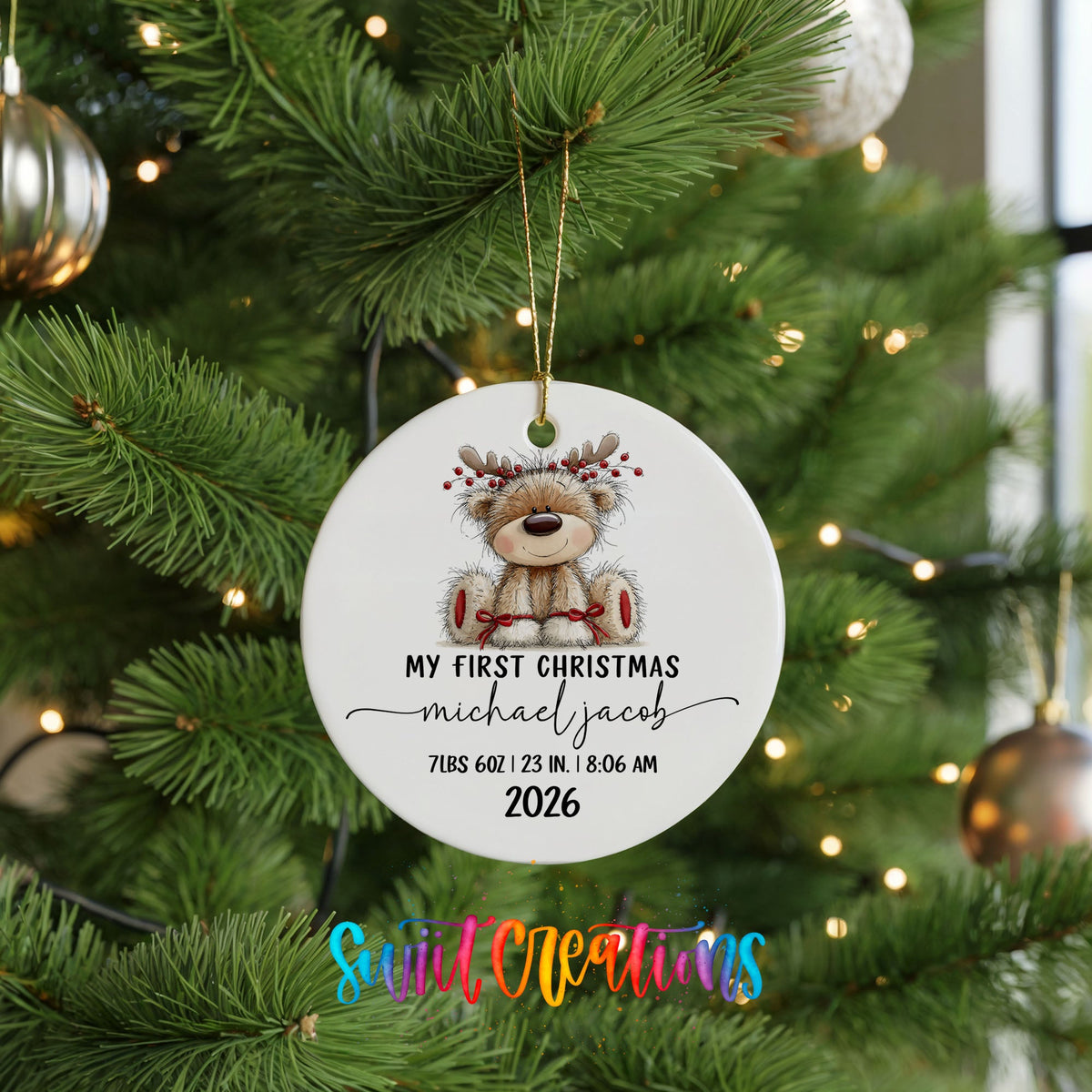 Personalized Baby’s First Christmas Ceramic Ornament | Reindeer Birth Stats Keepsake | CO004 - Swiit Creations