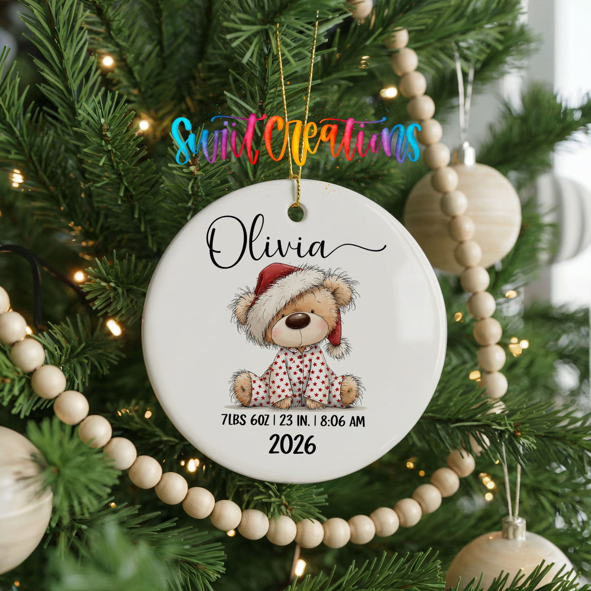 Personalized Baby’s First Christmas Ceramic Ornament | Santa Hat Teddy Bear Keepsake | CO011 - Swiit Creations