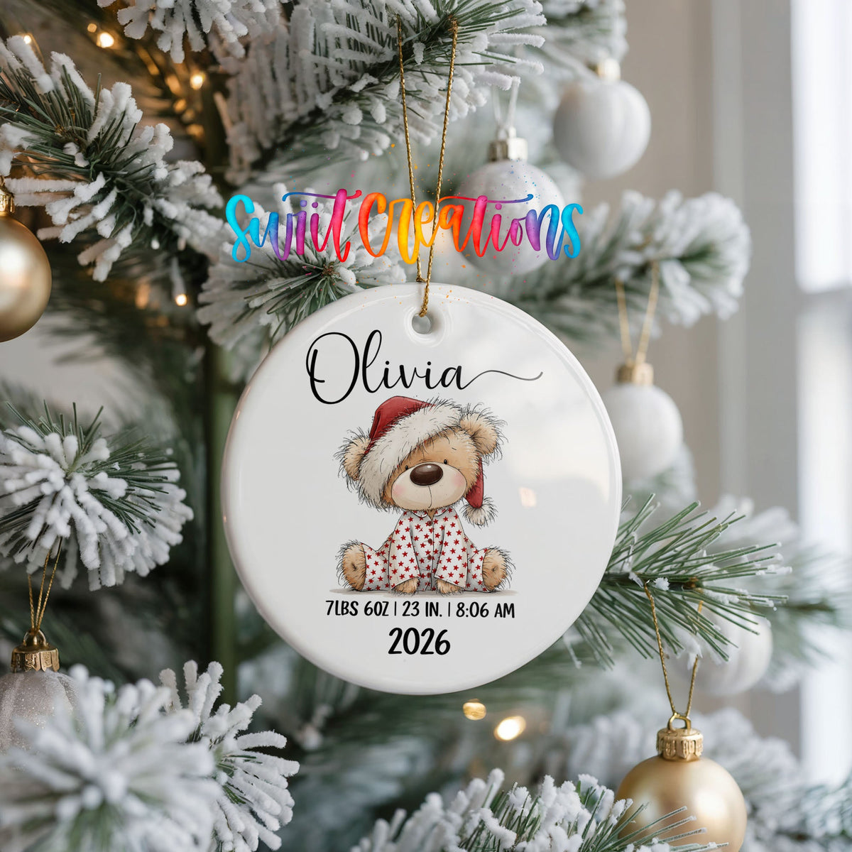 Personalized Baby’s First Christmas Ceramic Ornament | Santa Hat Teddy Bear Keepsake | CO011 - Swiit Creations