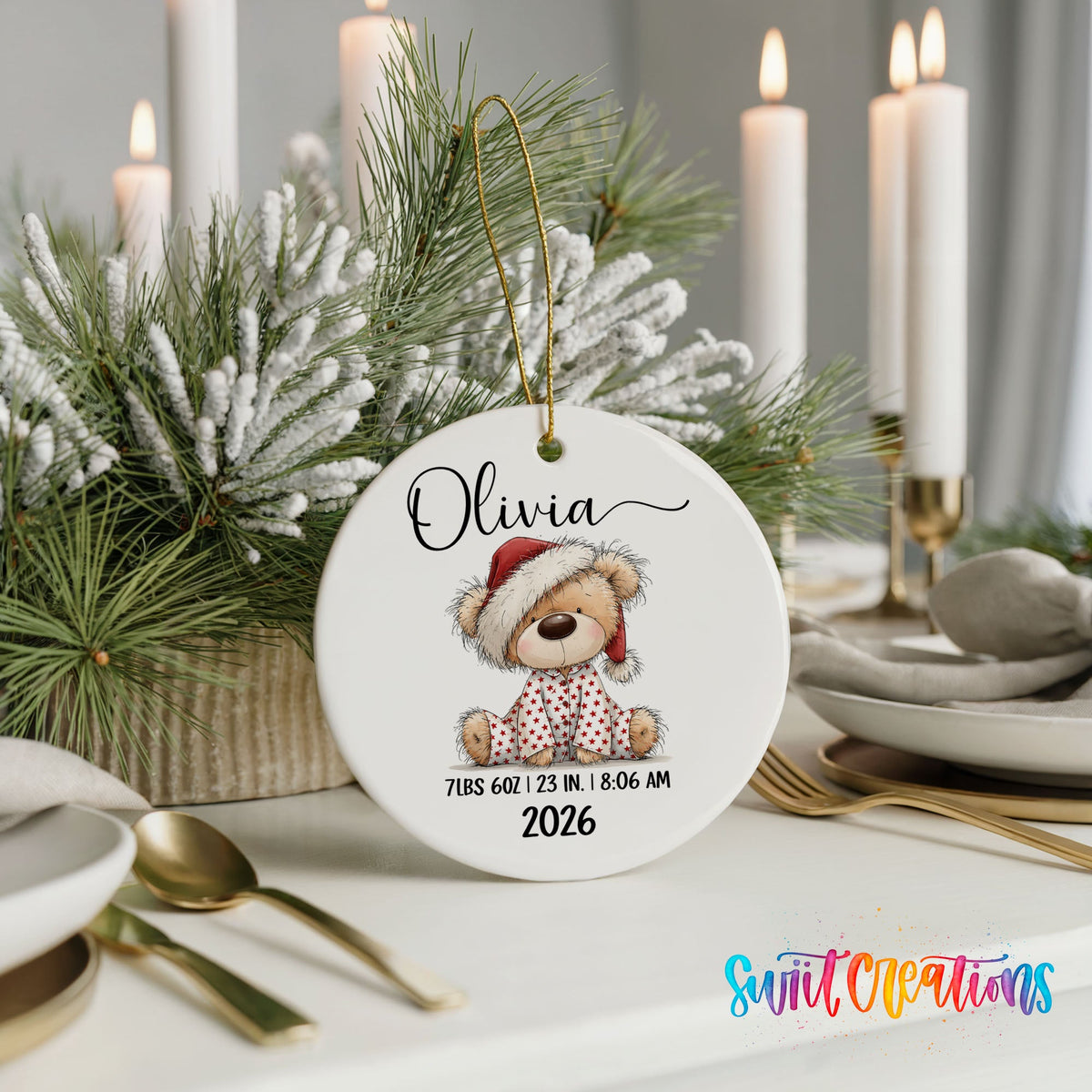 Personalized Baby’s First Christmas Ceramic Ornament | Santa Hat Teddy Bear Keepsake | CO011 - Swiit Creations