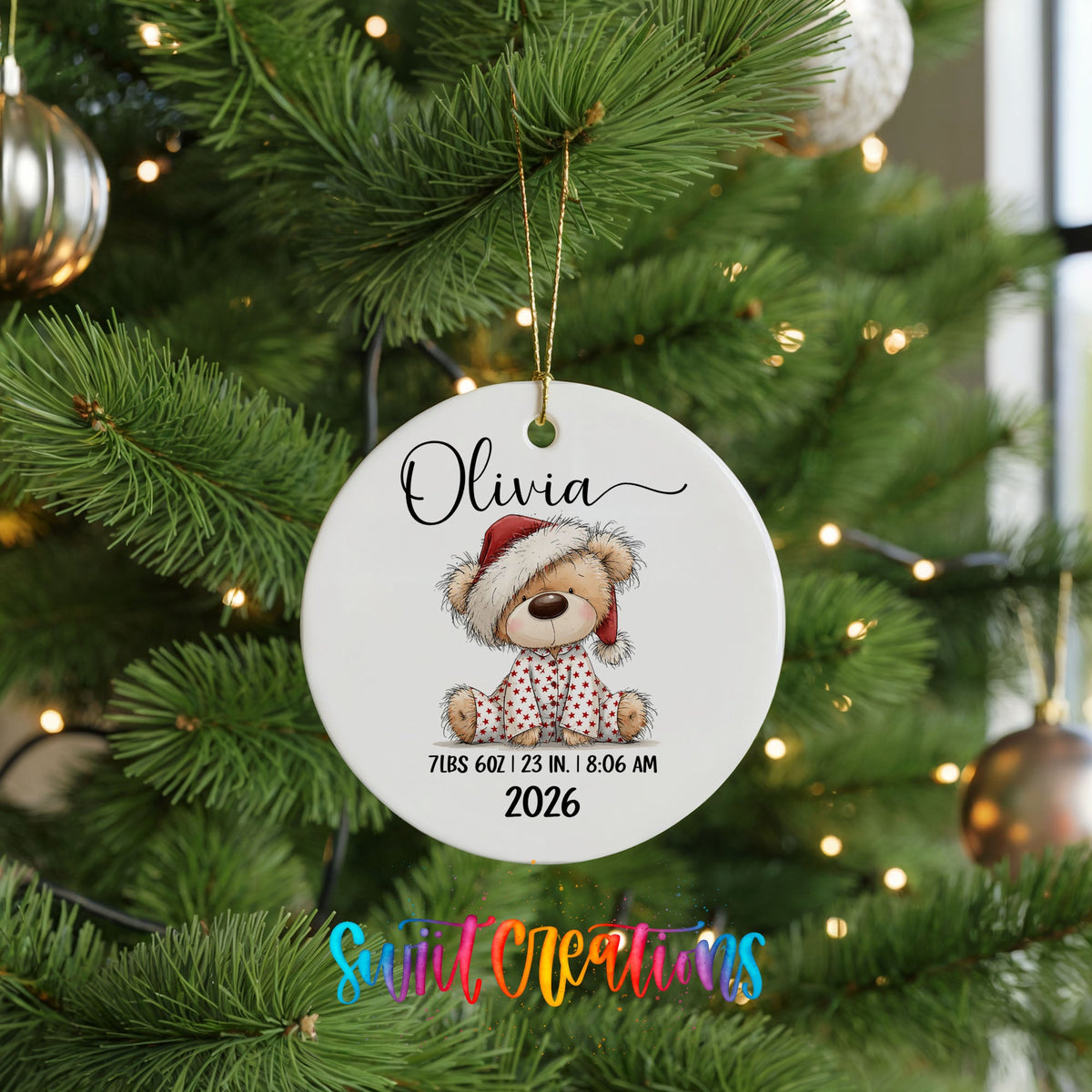 Personalized Baby’s First Christmas Ceramic Ornament | Santa Hat Teddy Bear Keepsake | CO011 - Swiit Creations