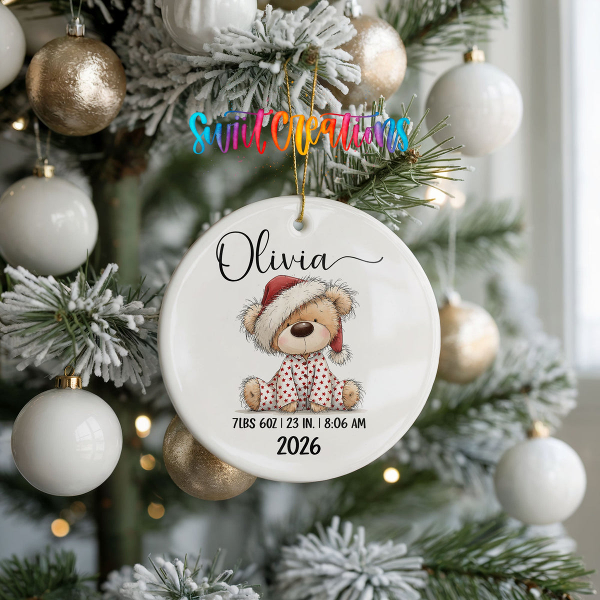 Personalized Baby’s First Christmas Ceramic Ornament | Santa Hat Teddy Bear Keepsake | CO011 - Swiit Creations