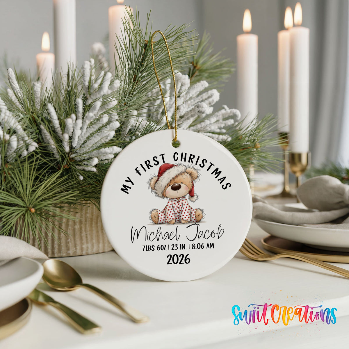 Personalized Baby’s First Christmas Ceramic Ornament | Teddy Bear Birth Stats Keepsake | CO003 - Swiit Creations