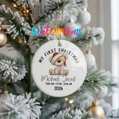 Personalized Baby’s First Christmas Ceramic Ornament | Teddy Bear Birth Stats Keepsake | CO003 - Swiit Creations