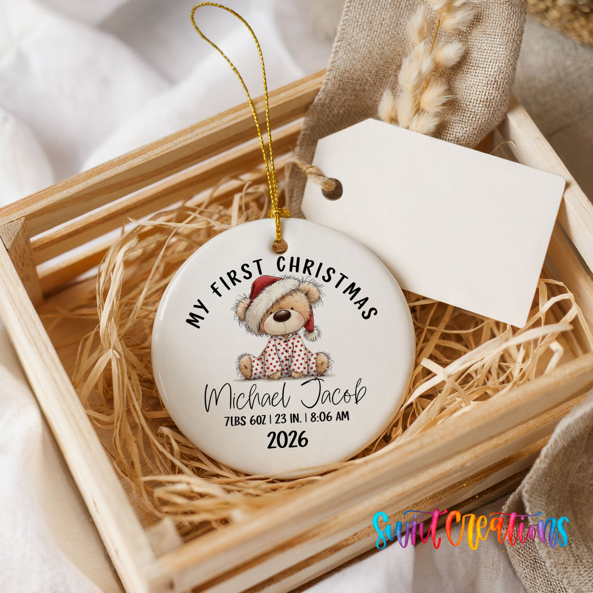 Personalized Baby’s First Christmas Ceramic Ornament | Teddy Bear Birth Stats Keepsake | CO003 - Swiit Creations