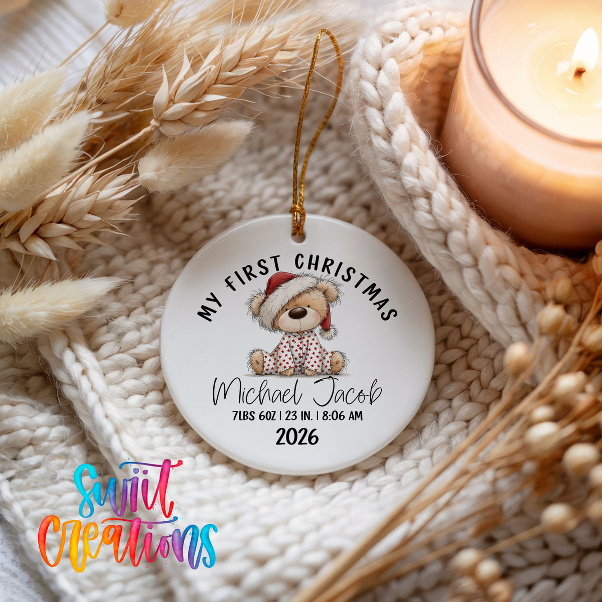 Personalized Baby’s First Christmas Ceramic Ornament | Teddy Bear Birth Stats Keepsake | CO003 - Swiit Creations