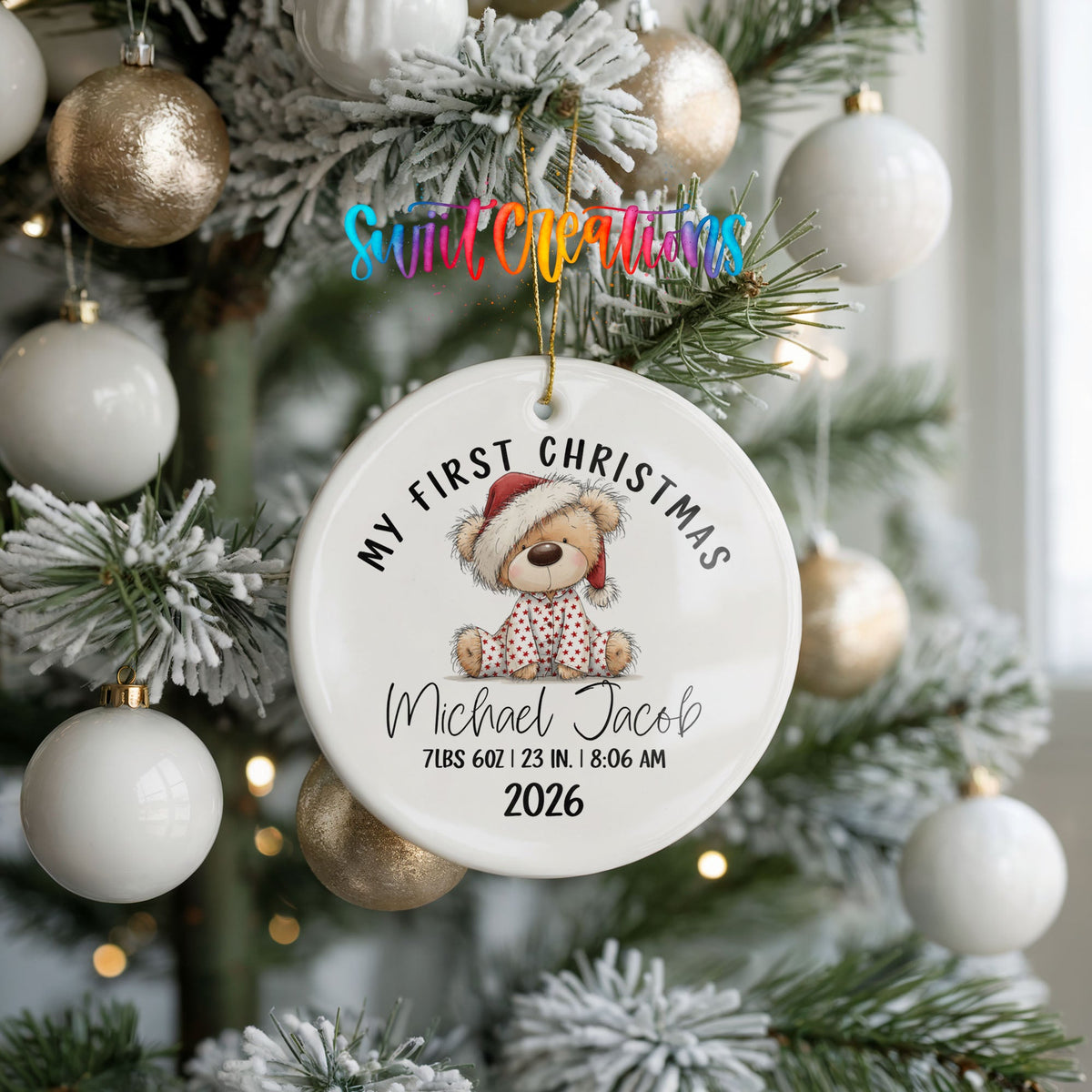 Personalized Baby’s First Christmas Ceramic Ornament | Teddy Bear Birth Stats Keepsake | CO003 - Swiit Creations