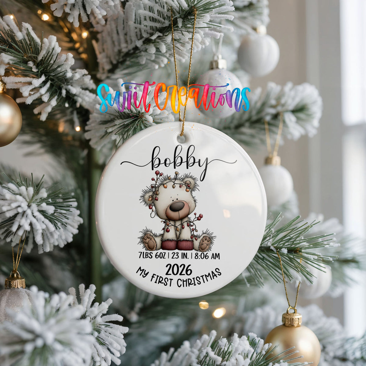 Personalized Baby’s First Christmas Ceramic Ornament | White Bear Birth Stats Keepsake | CO012 - Swiit Creations