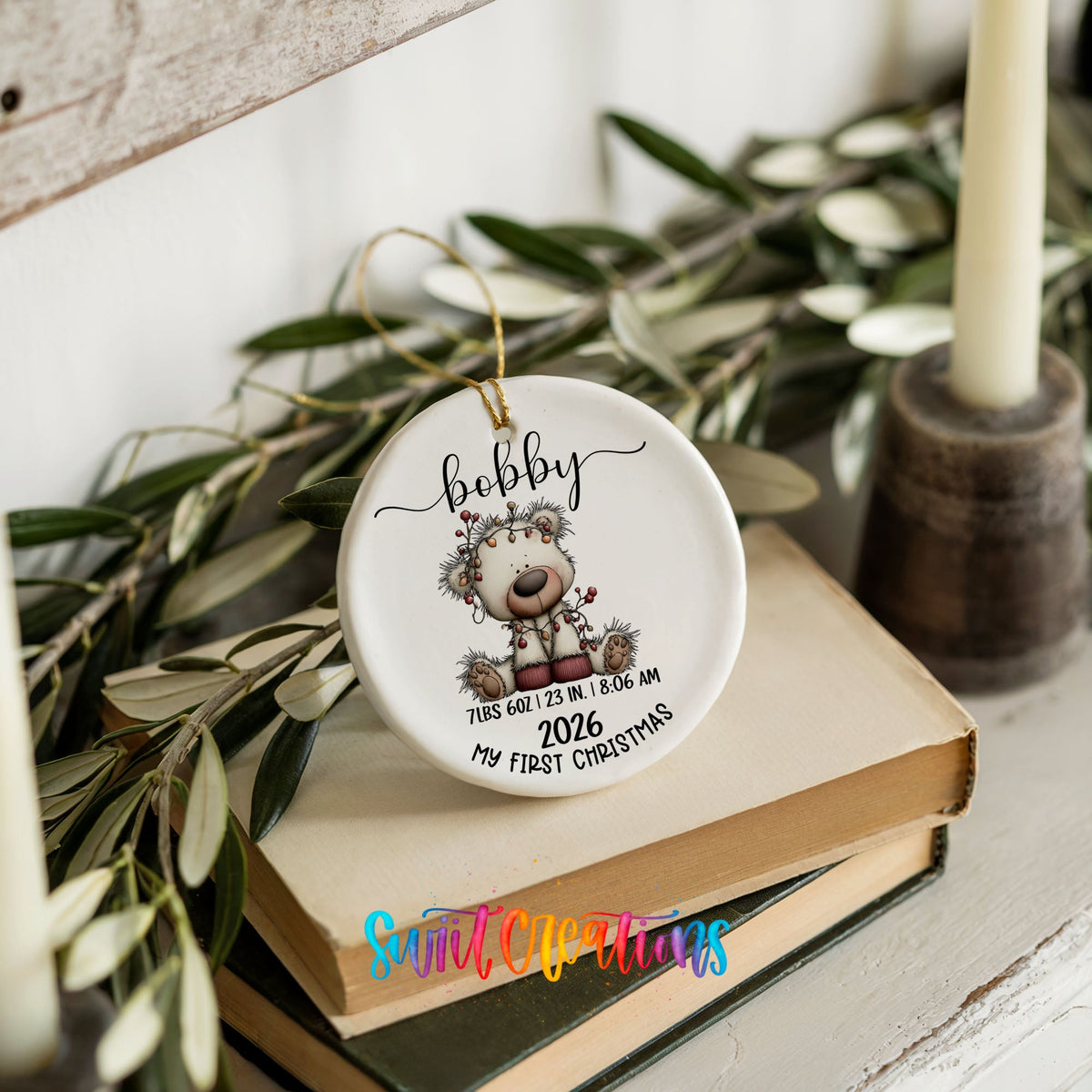 Personalized Baby’s First Christmas Ceramic Ornament | White Bear Birth Stats Keepsake | CO012 - Swiit Creations