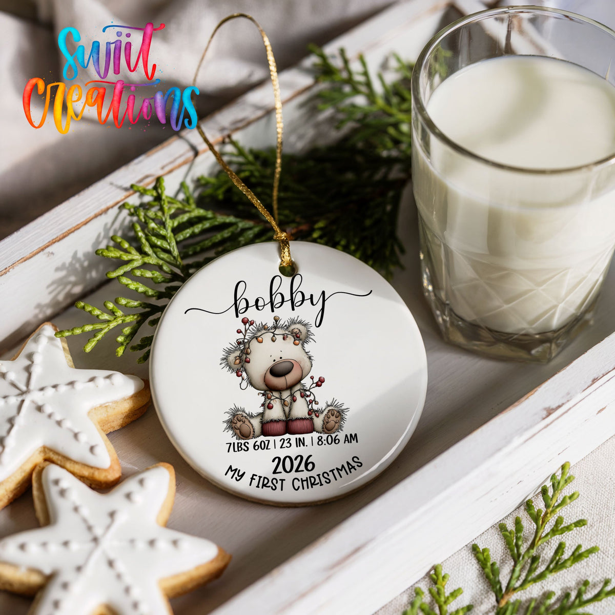 Personalized Baby’s First Christmas Ceramic Ornament | White Bear Birth Stats Keepsake | CO012 - Swiit Creations