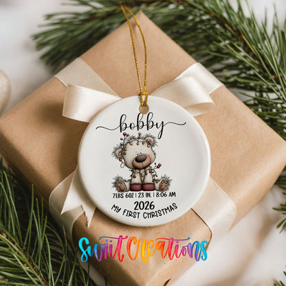 Personalized Baby’s First Christmas Ceramic Ornament | White Bear Birth Stats Keepsake | CO012 - Swiit Creations