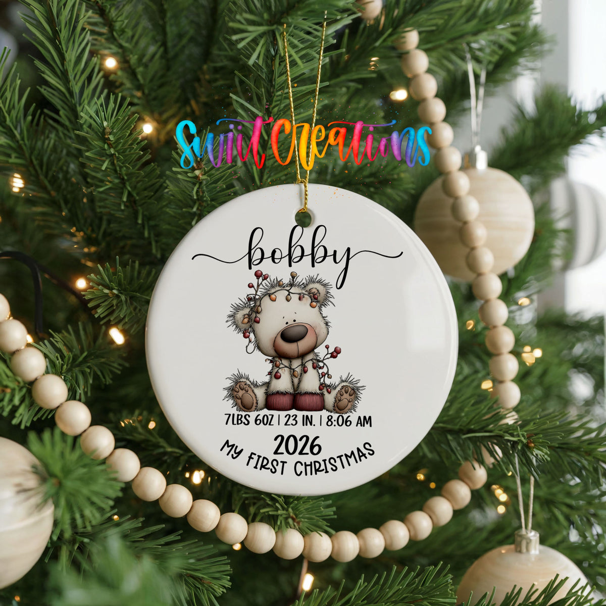 Personalized Baby’s First Christmas Ceramic Ornament | White Bear Birth Stats Keepsake | CO012 - Swiit Creations