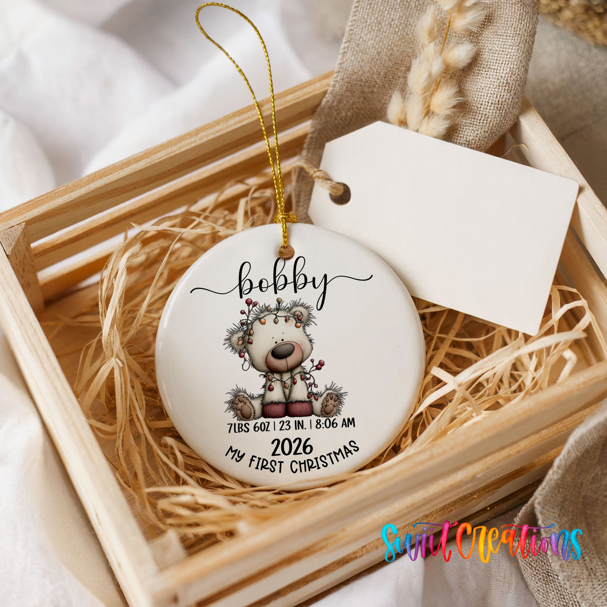 Personalized Baby’s First Christmas Ceramic Ornament | White Bear Birth Stats Keepsake | CO012 - Swiit Creations