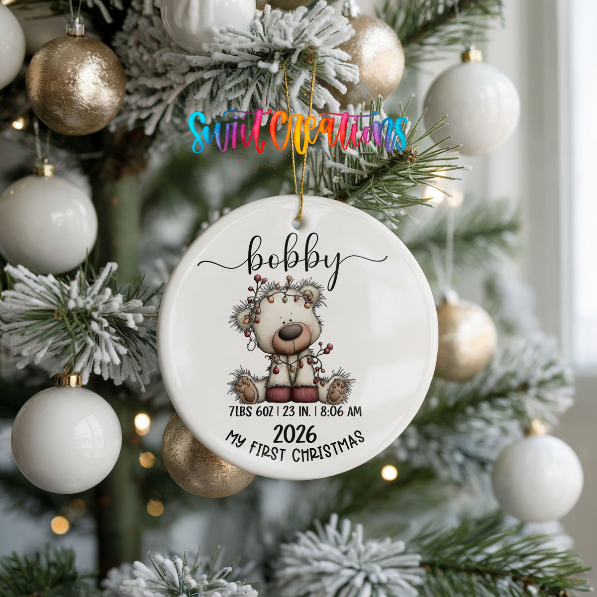 Personalized Baby’s First Christmas Ceramic Ornament | White Bear Birth Stats Keepsake | CO012 - Swiit Creations