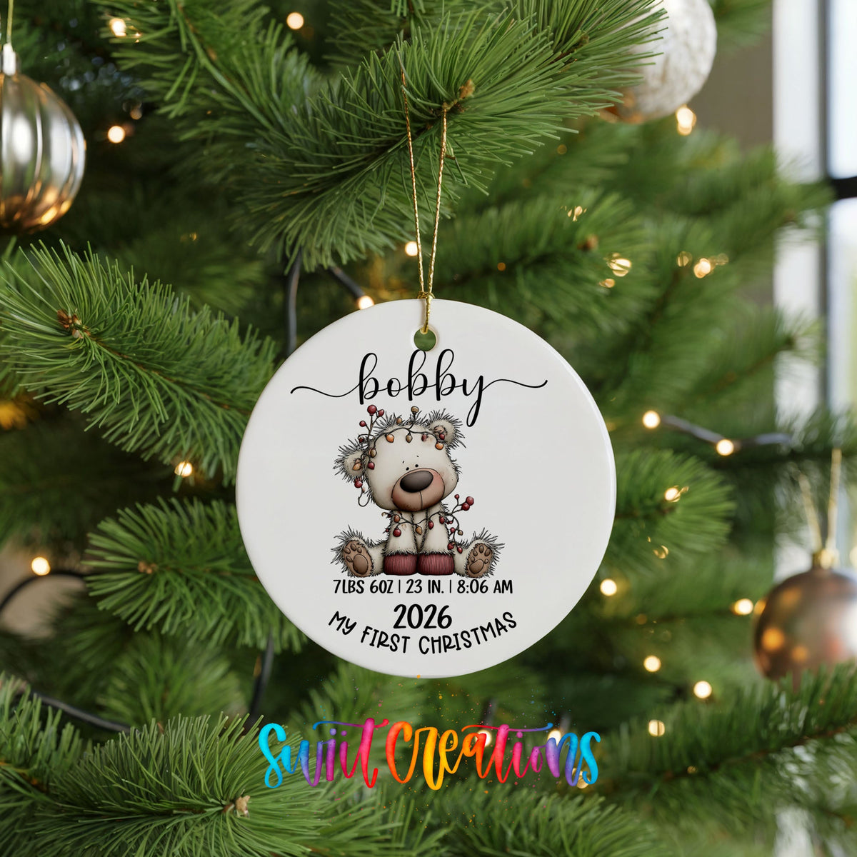Personalized Baby’s First Christmas Ceramic Ornament | White Bear Birth Stats Keepsake | CO012 - Swiit Creations
