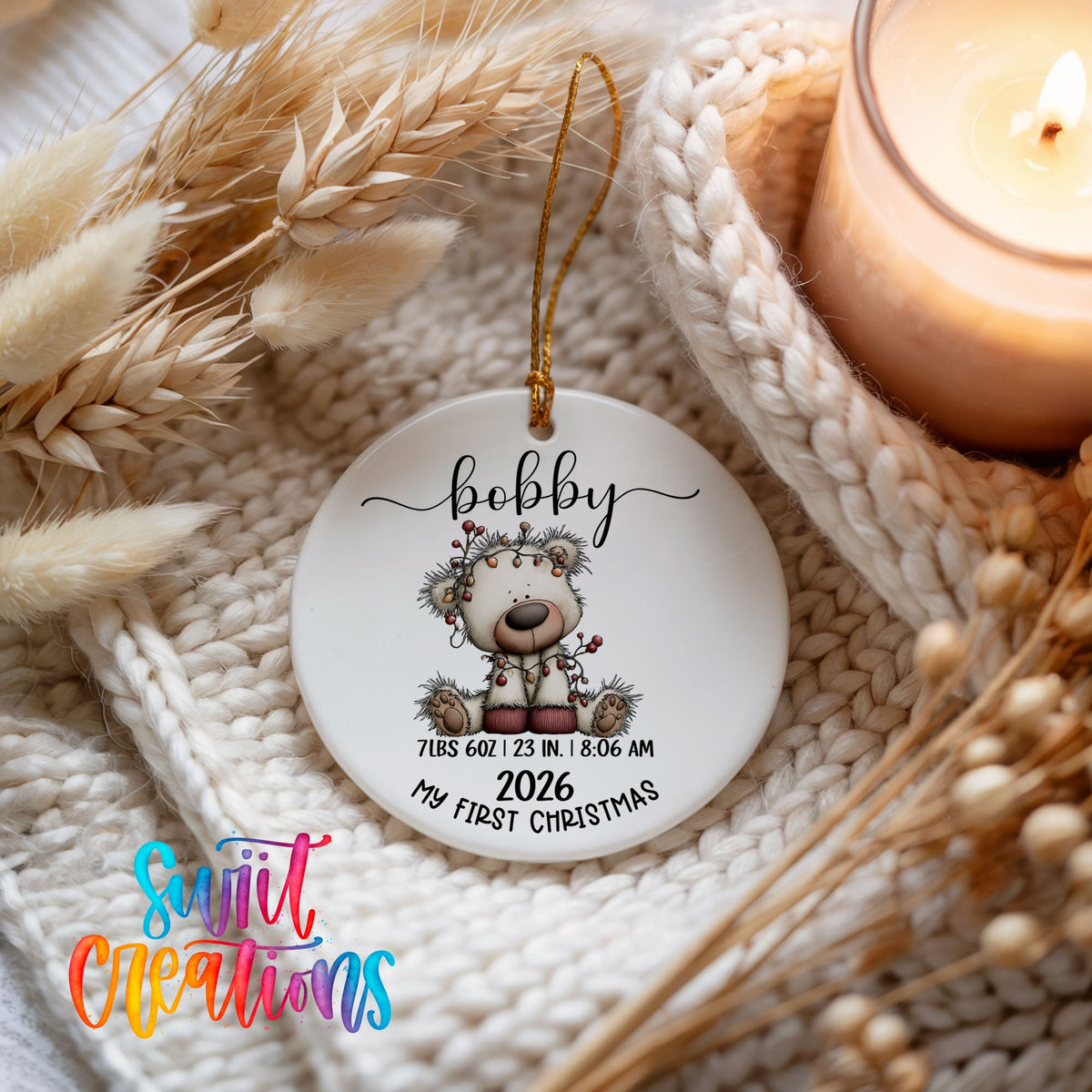 Personalized Baby’s First Christmas Ceramic Ornament | White Bear Birth Stats Keepsake | CO012 - Swiit Creations