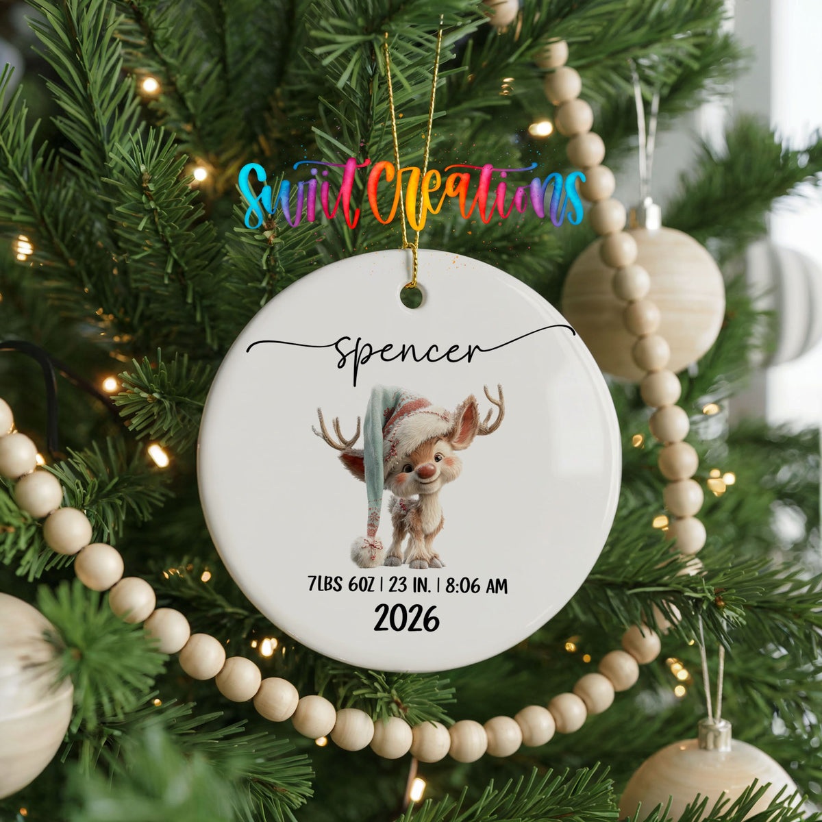 Personalized Baby’s First Christmas Ceramic Ornament | Winter Reindeer Birth Stats | CO009 - Swiit Creations
