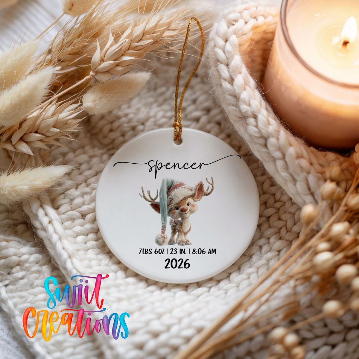 Personalized Baby’s First Christmas Ceramic Ornament | Winter Reindeer Birth Stats | CO009 - Swiit Creations