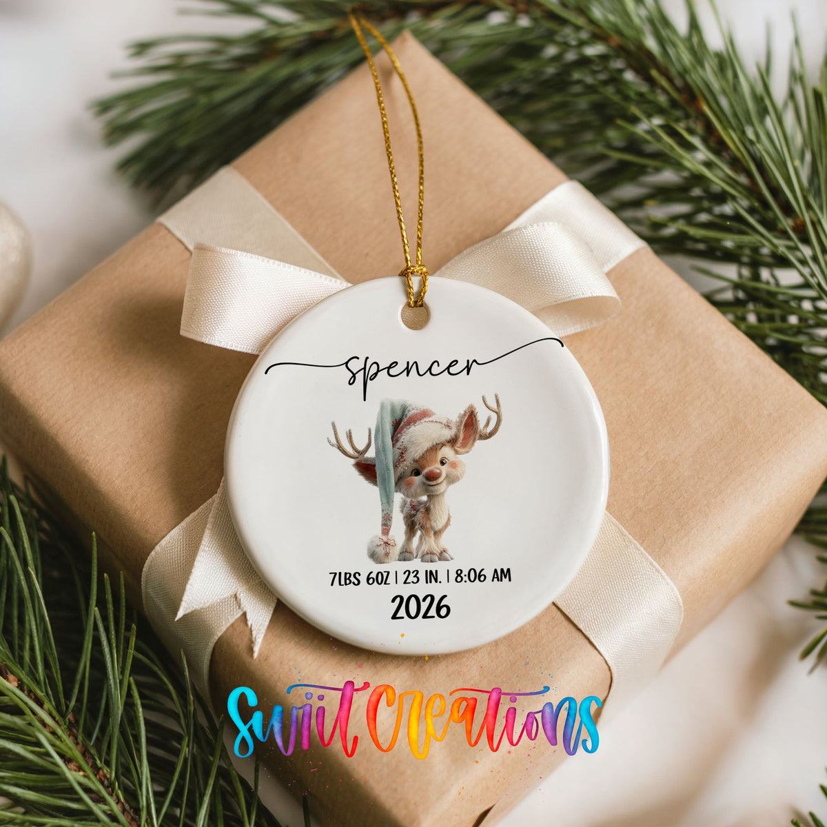 Personalized Baby’s First Christmas Ceramic Ornament | Winter Reindeer Birth Stats | CO009 - Swiit Creations