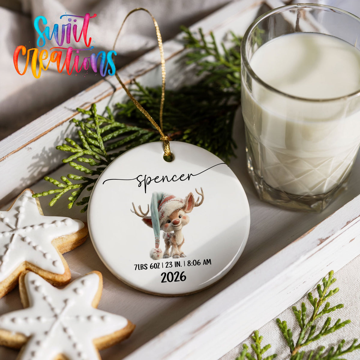Personalized Baby’s First Christmas Ceramic Ornament | Winter Reindeer Birth Stats | CO009 - Swiit Creations