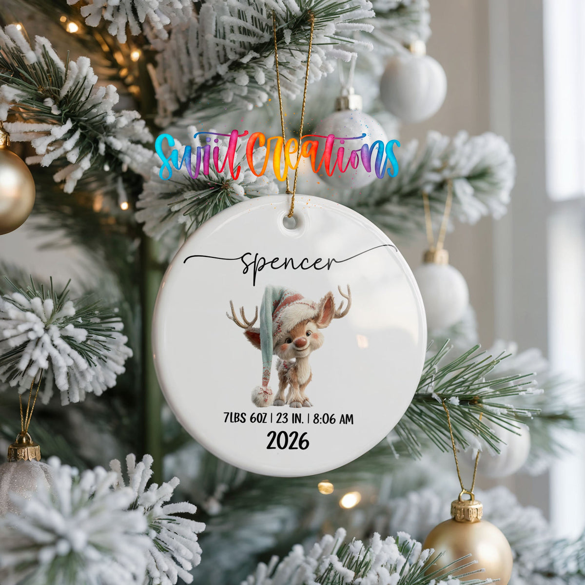 Personalized Baby’s First Christmas Ceramic Ornament | Winter Reindeer Birth Stats | CO009 - Swiit Creations
