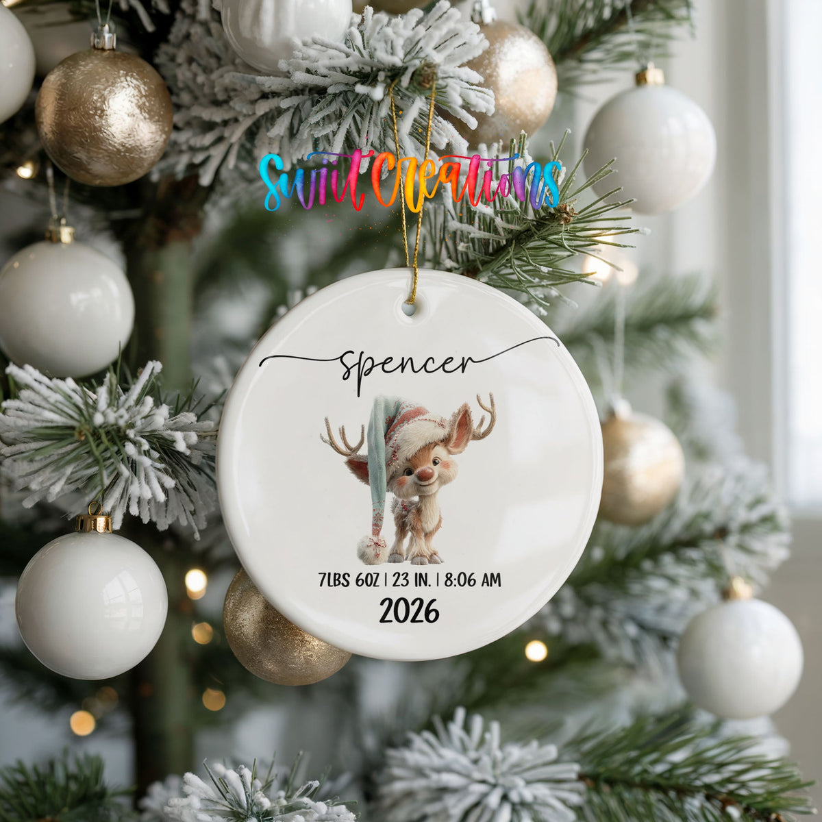 Personalized Baby’s First Christmas Ceramic Ornament | Winter Reindeer Birth Stats | CO009 - Swiit Creations