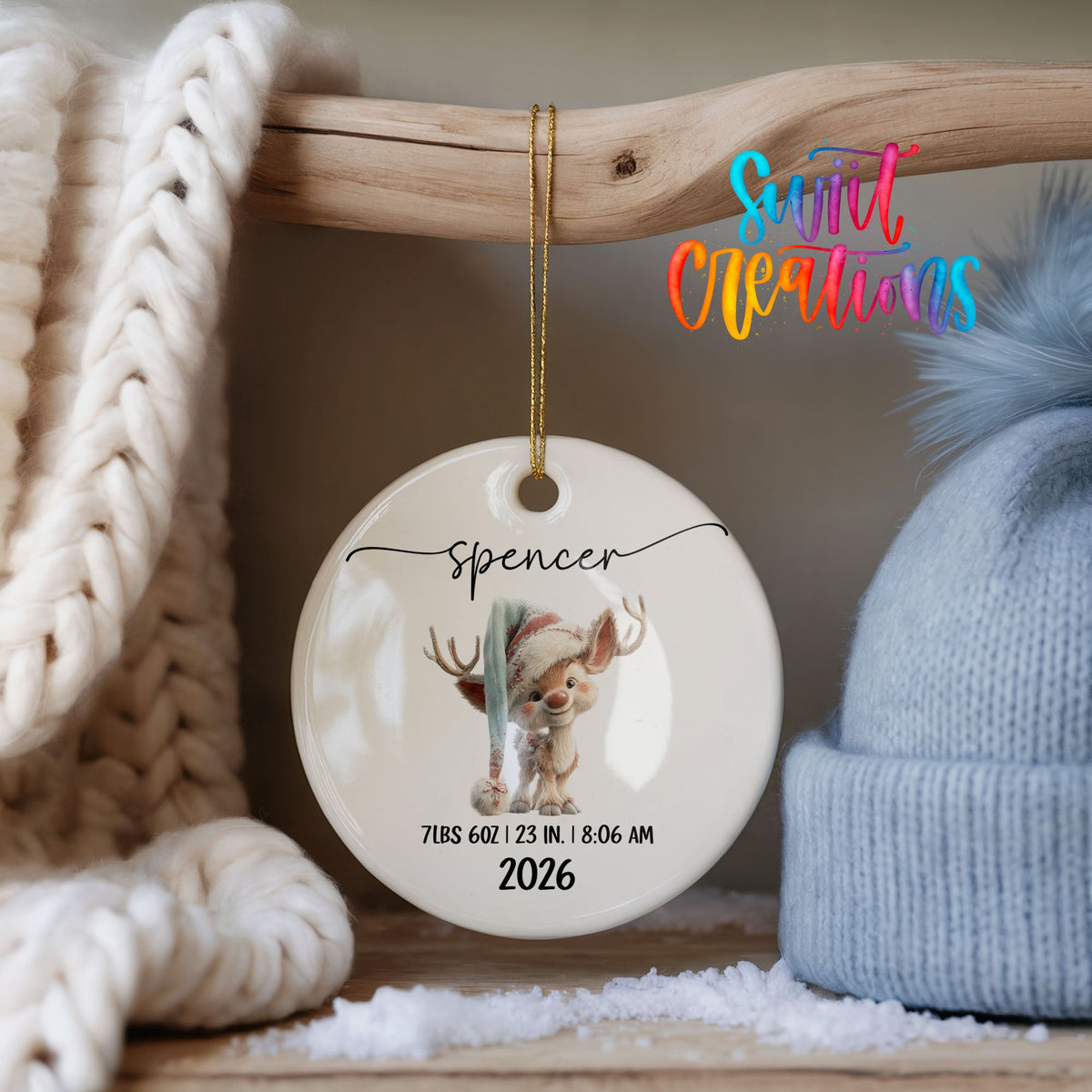 Personalized Baby’s First Christmas Ceramic Ornament | Winter Reindeer Birth Stats | CO009 - Swiit Creations