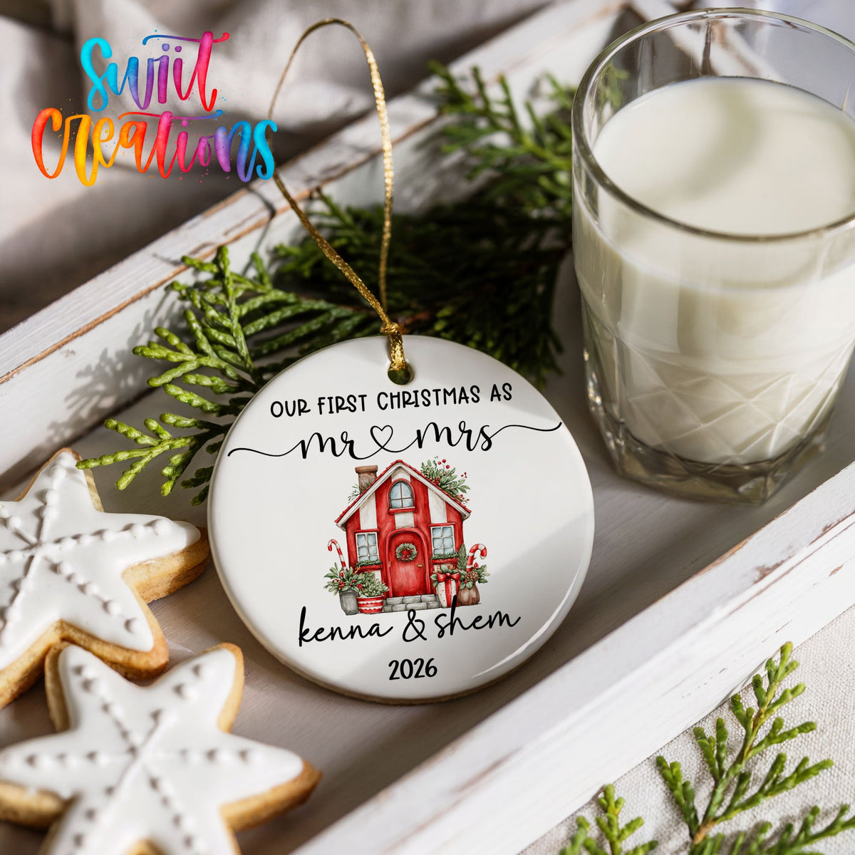 Personalized Our First Christmas Ceramic Ornament | Red Holiday House Keepsake | CO008 - Swiit Creations