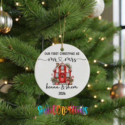 Personalized Our First Christmas Ceramic Ornament | Red Holiday House Keepsake | CO008 - Swiit Creations