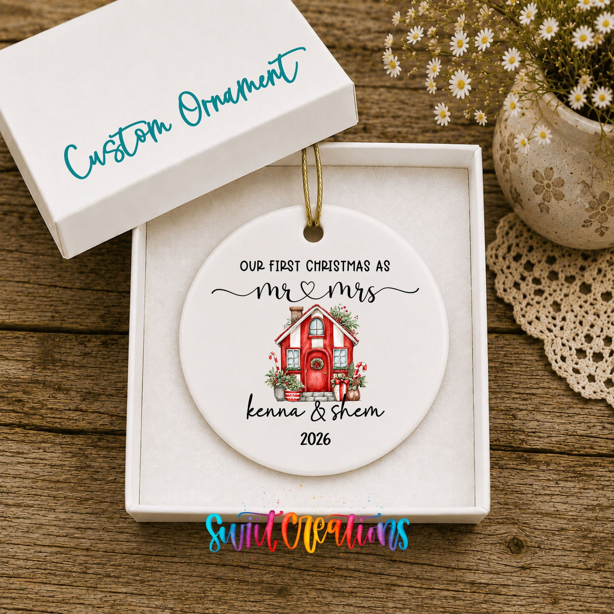 Personalized Our First Christmas Ceramic Ornament | Red Holiday House Keepsake | CO008 - Swiit Creations