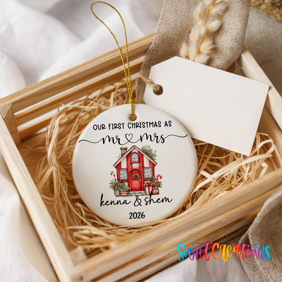 Personalized Our First Christmas Ceramic Ornament | Red Holiday House Keepsake | CO008 - Swiit Creations