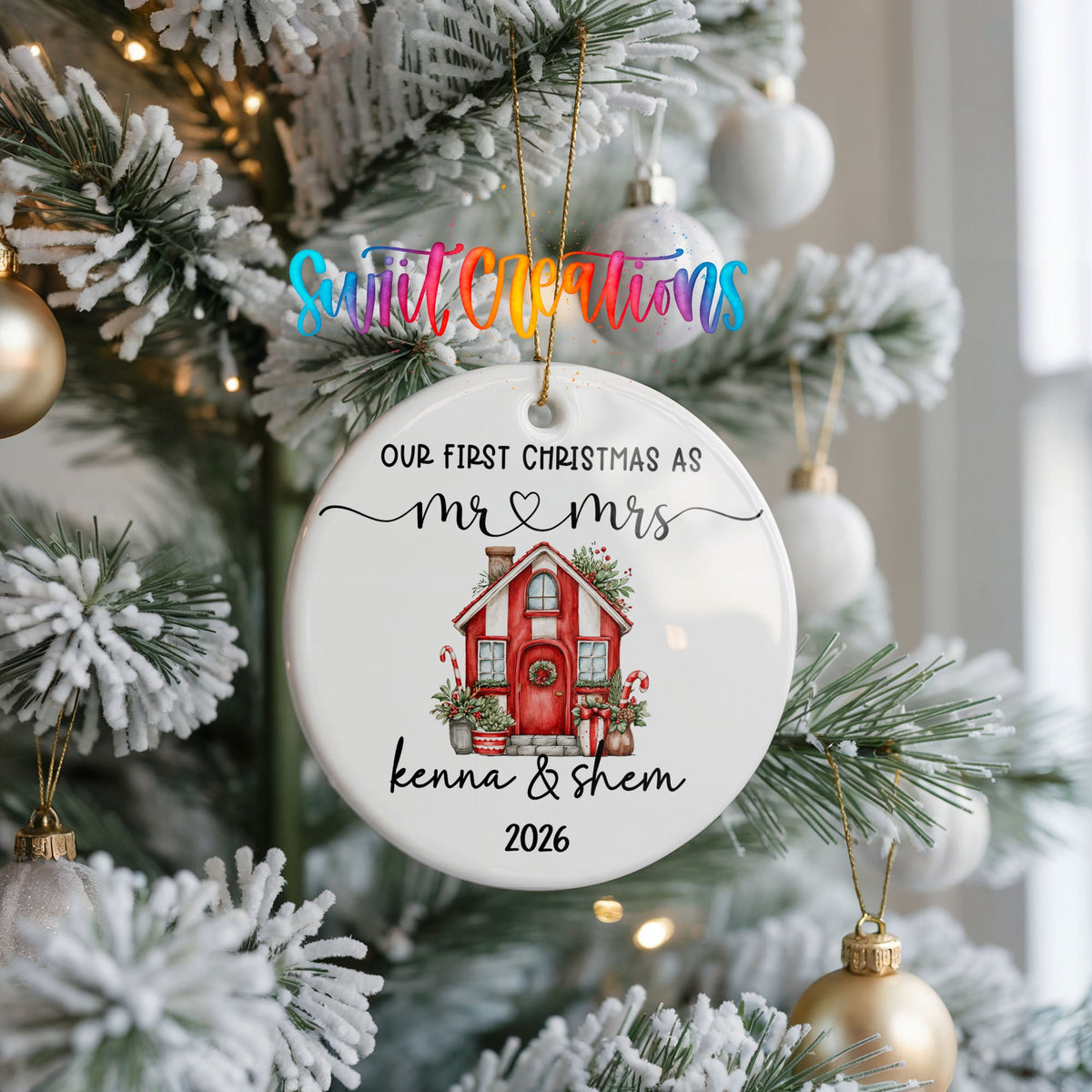 Personalized Our First Christmas Ceramic Ornament | Red Holiday House Keepsake | CO008 - Swiit Creations