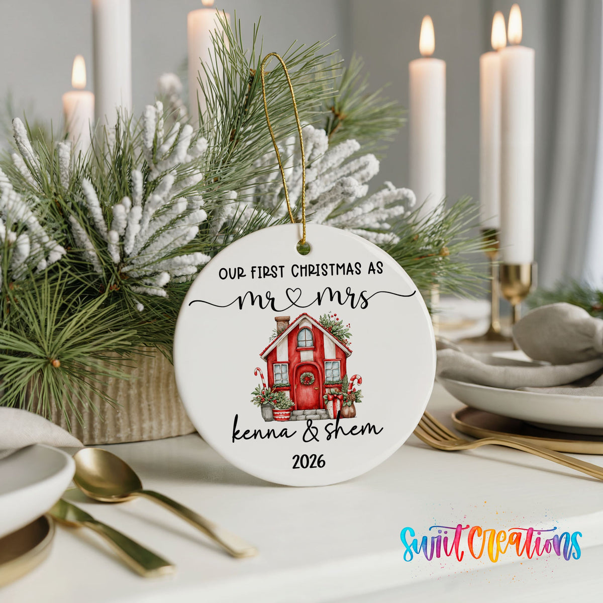 Personalized Our First Christmas Ceramic Ornament | Red Holiday House Keepsake | CO008 - Swiit Creations