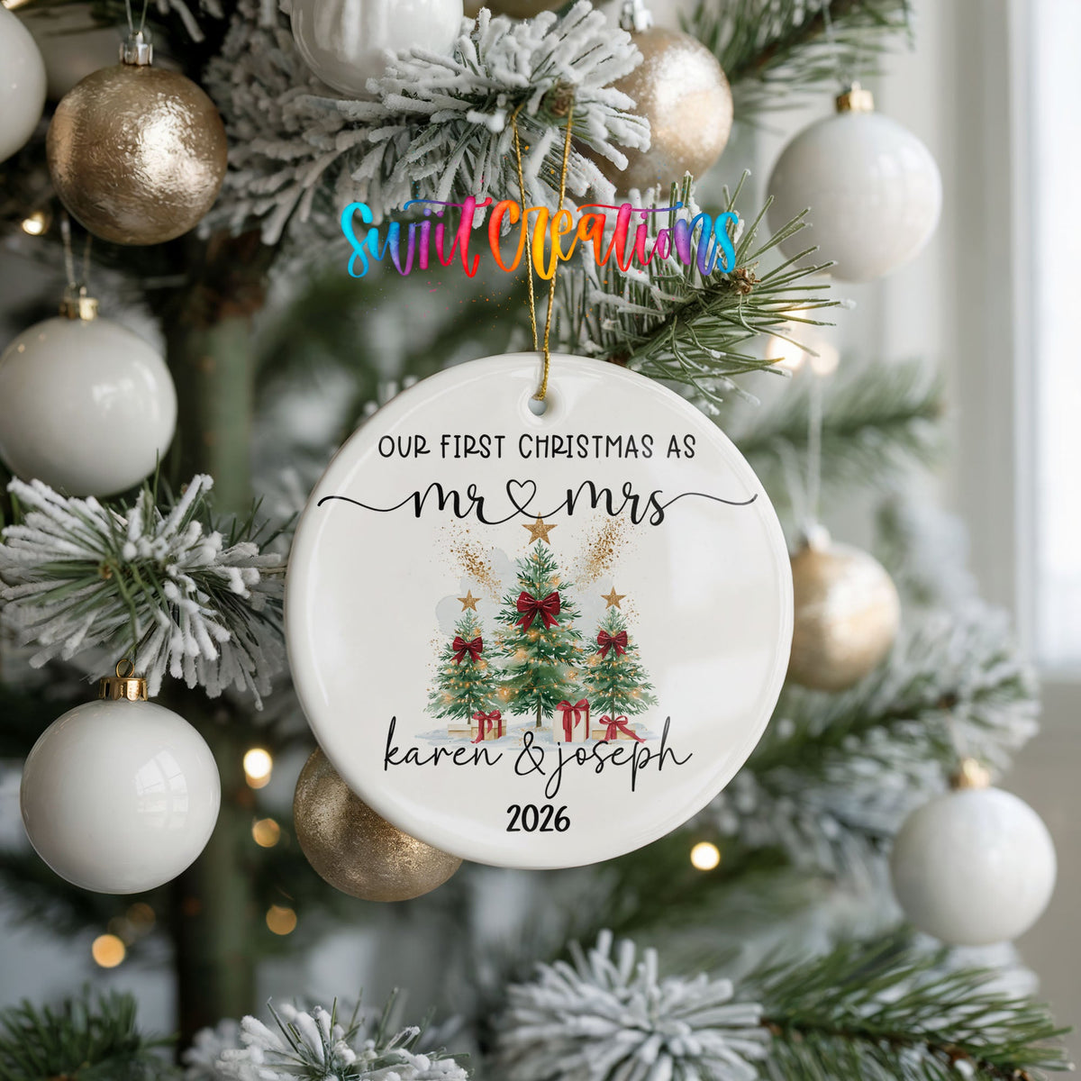 Personalized Our First Christmas Ceramic Ornament | Watercolor Tree Couple Keepsake | CO007 - Swiit Creations