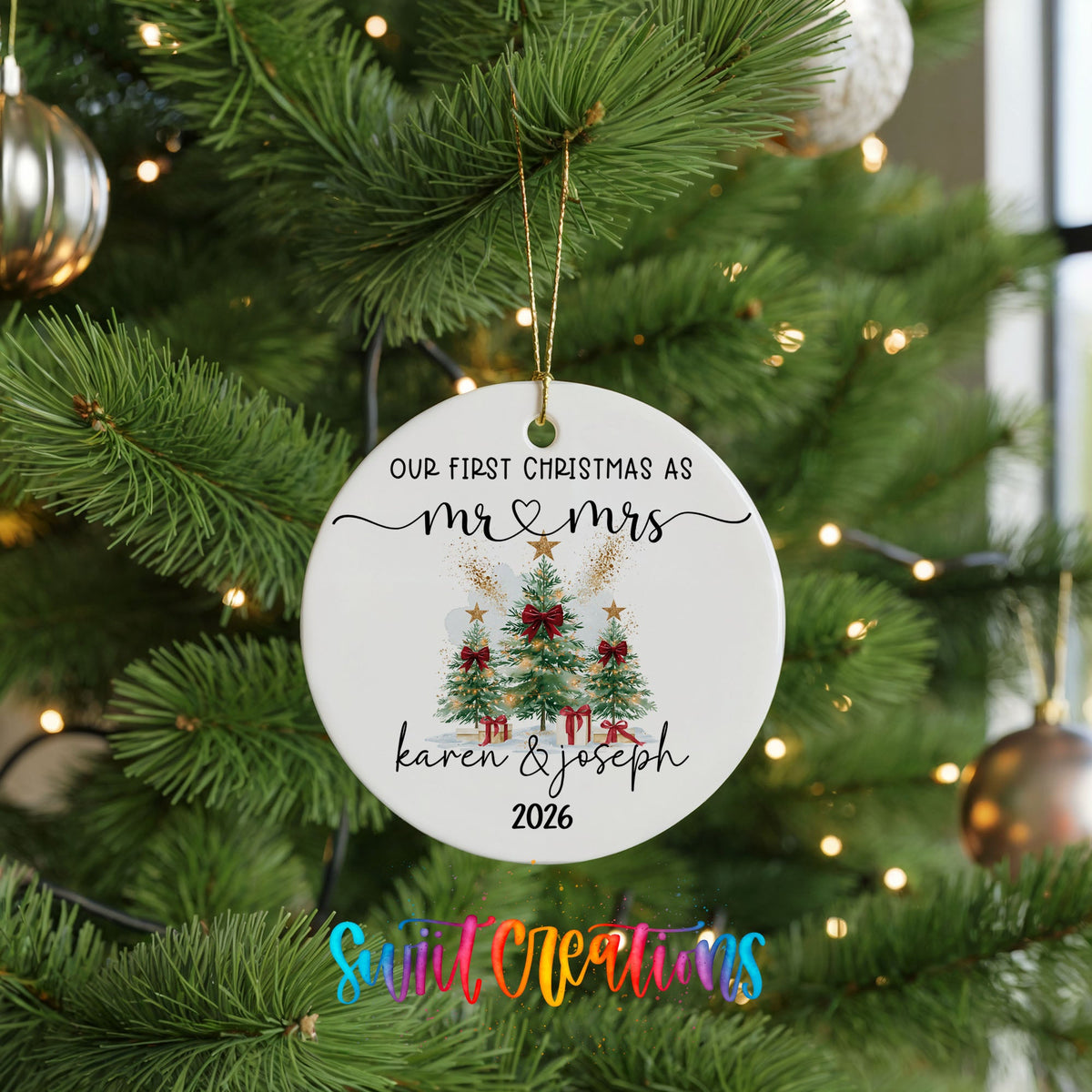 Personalized Our First Christmas Ceramic Ornament | Watercolor Tree Couple Keepsake | CO007 - Swiit Creations
