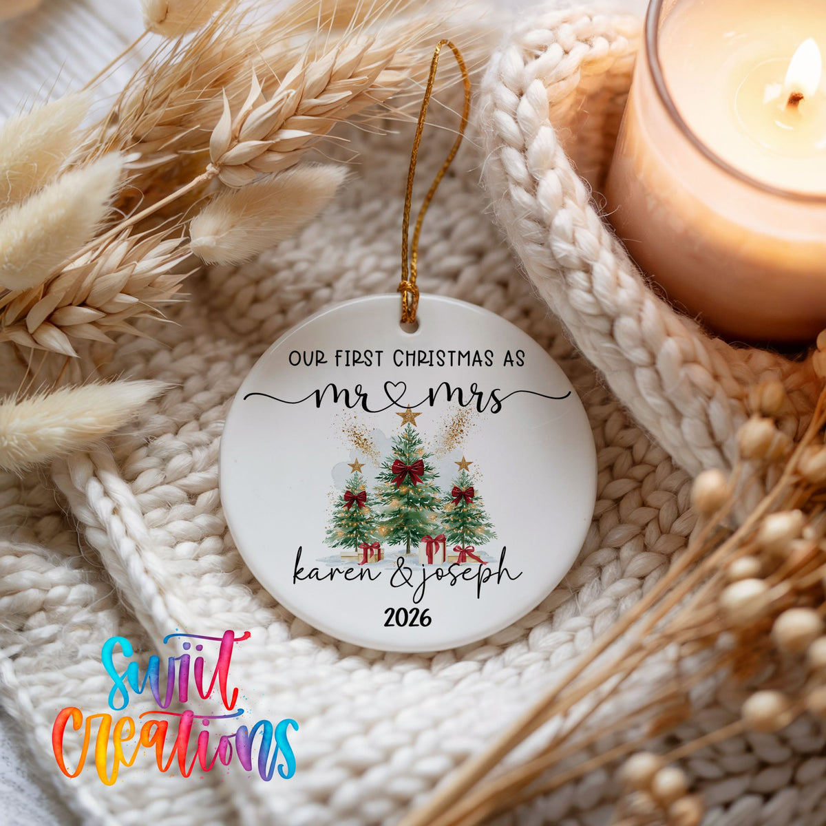 Personalized Our First Christmas Ceramic Ornament | Watercolor Tree Couple Keepsake | CO007 - Swiit Creations