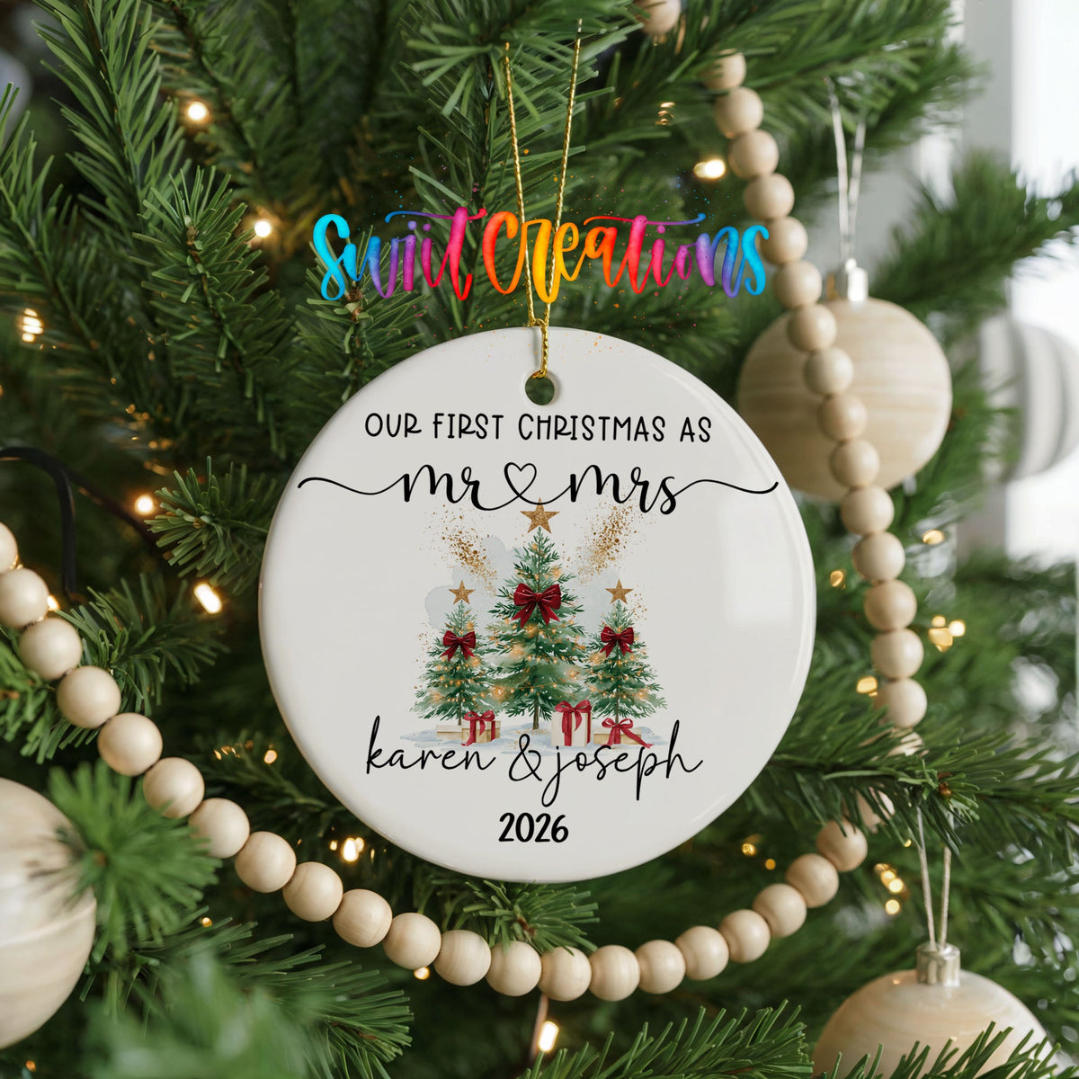 Personalized Our First Christmas Ceramic Ornament | Watercolor Tree Couple Keepsake | CO007 - Swiit Creations