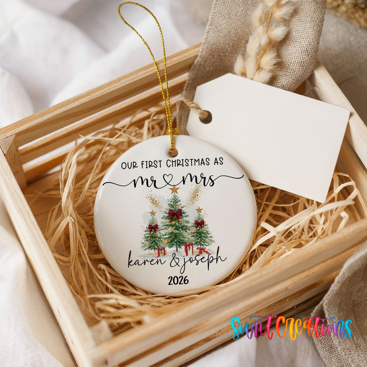 Personalized Our First Christmas Ceramic Ornament | Watercolor Tree Couple Keepsake | CO007 - Swiit Creations