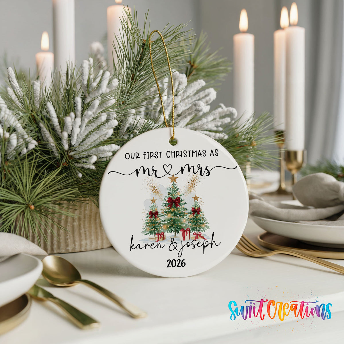 Personalized Our First Christmas Ceramic Ornament | Watercolor Tree Couple Keepsake | CO007 - Swiit Creations