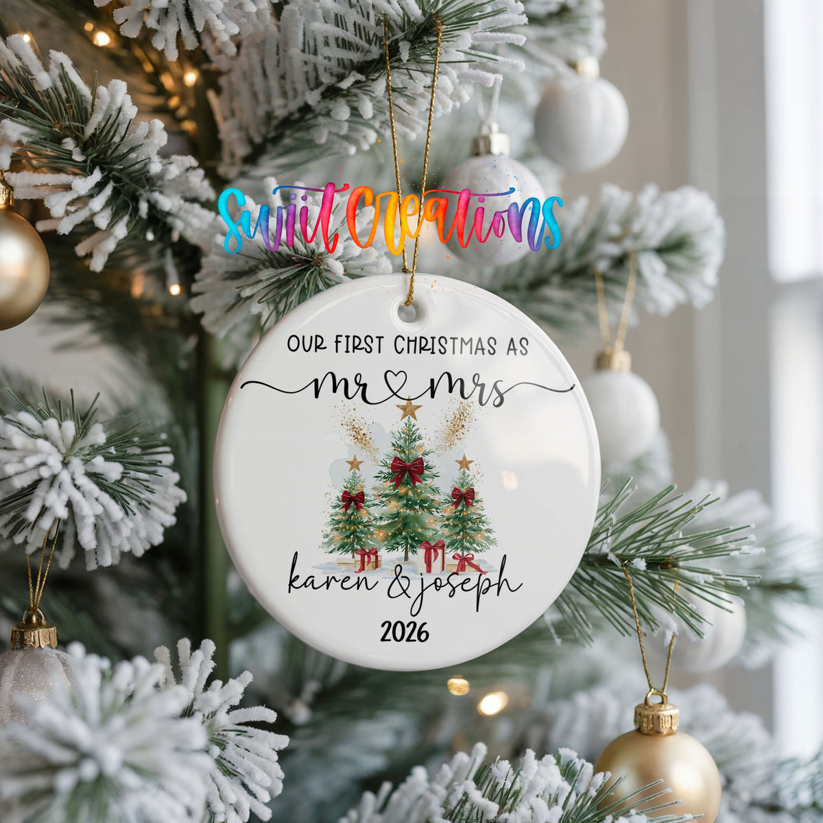 Personalized Our First Christmas Ceramic Ornament | Watercolor Tree Couple Keepsake | CO007 - Swiit Creations