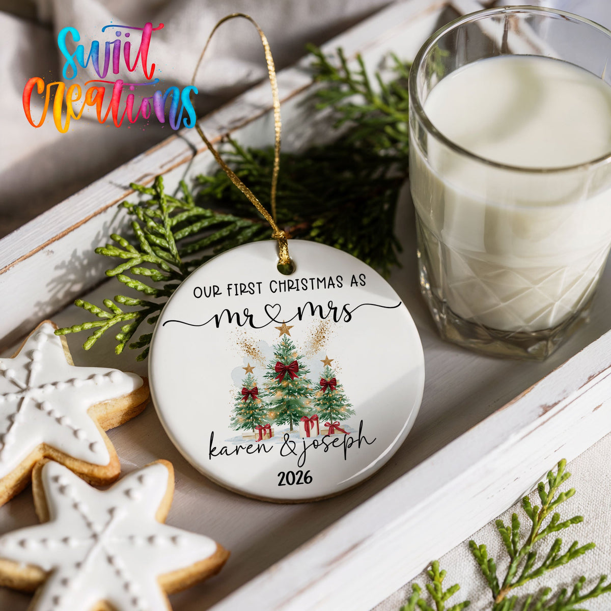 Personalized Our First Christmas Ceramic Ornament | Watercolor Tree Couple Keepsake | CO007 - Swiit Creations