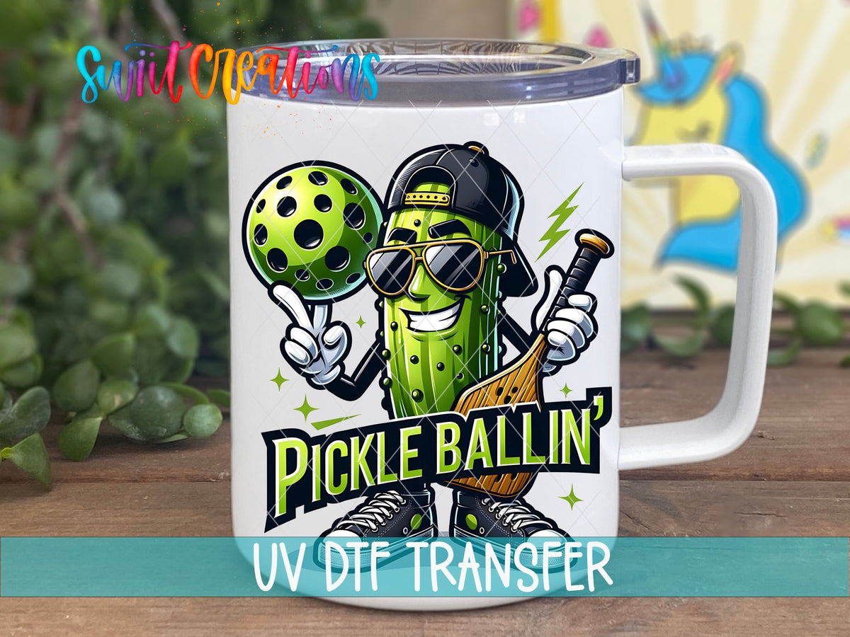 Pickle Ballin Funny Pickleball UV DTF transfer displayed on a white coffee mug from Swiit Creations