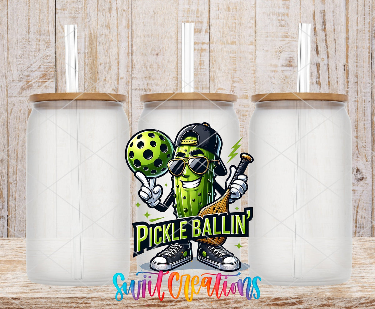 Pickle Ballin Funny Pickleball UV DTF transfer applied to a clear glass can set from Swiit Creations
