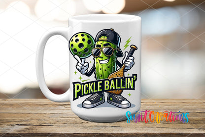 Pickle Ballin Funny Pickleball UV DTF transfer displayed on a white ceramic mug from Swiit Creations